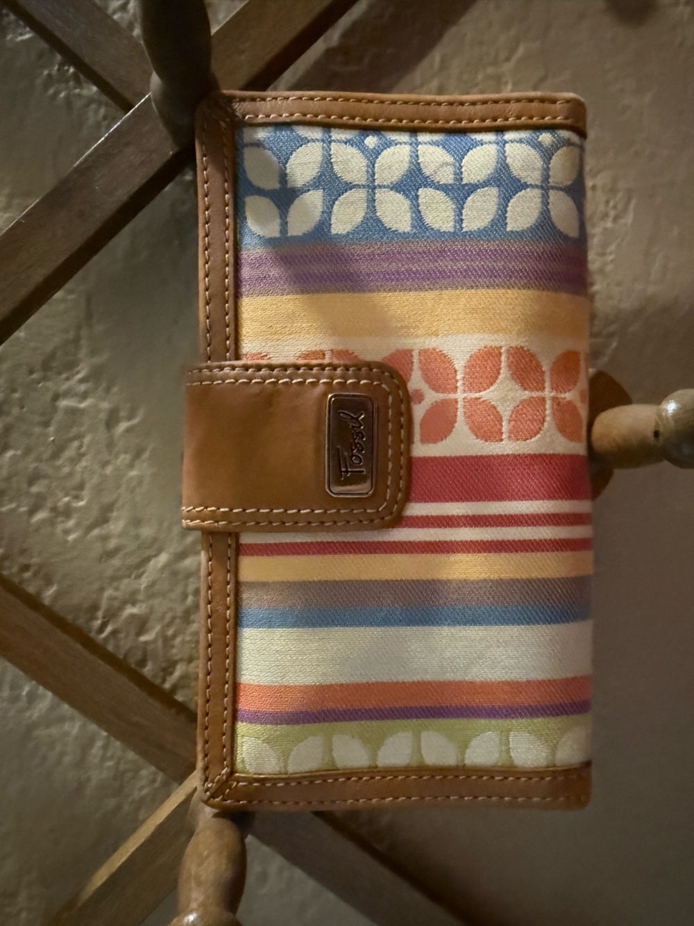 Fossil Multicolor Striped Canvas Clutch with Tan Leather Trim